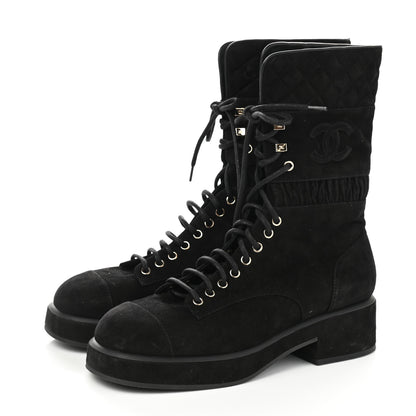 Chanel Suede Quilted Lace Up Combat Boots 41 Black 3 of 8