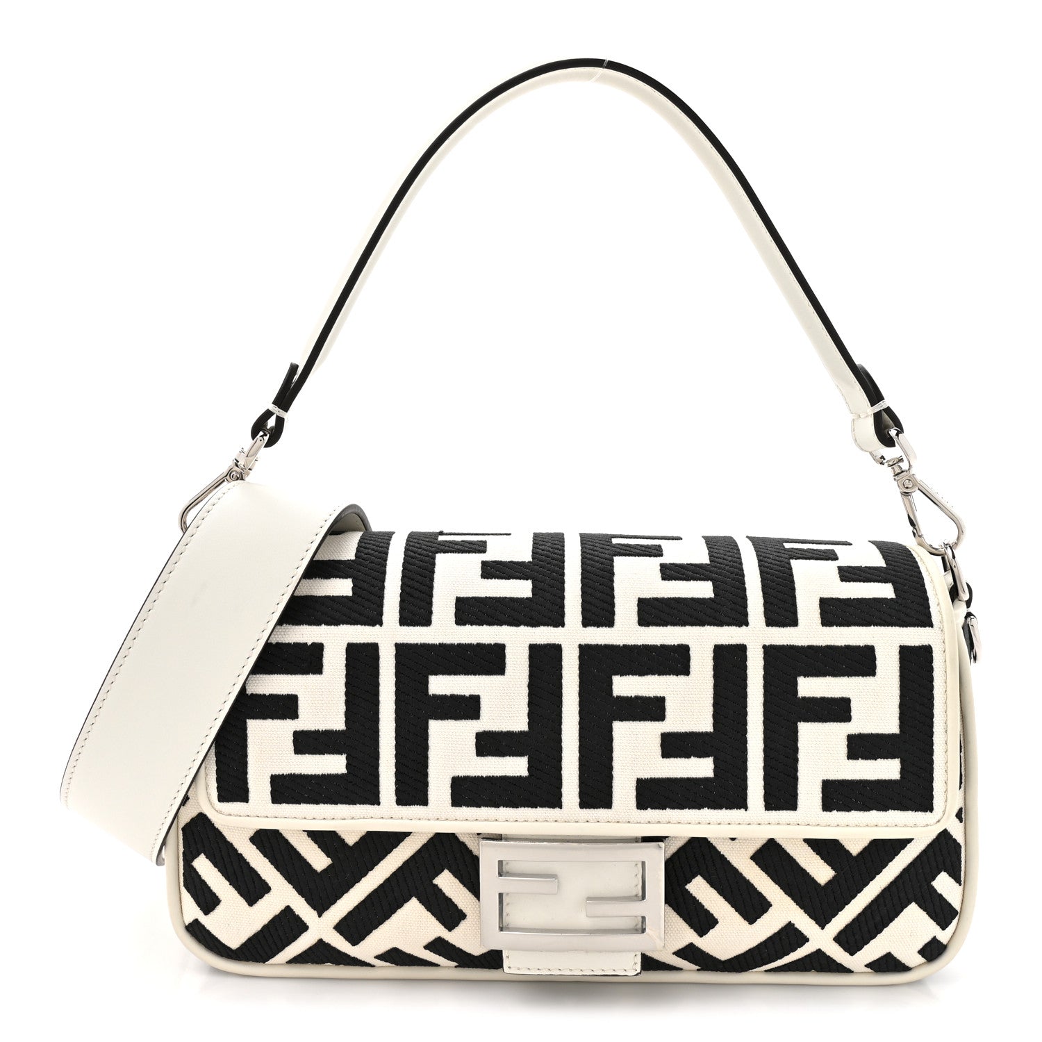 Fendi Canvas Vitello King FF Embroidered Baguette White Black 1 of 10