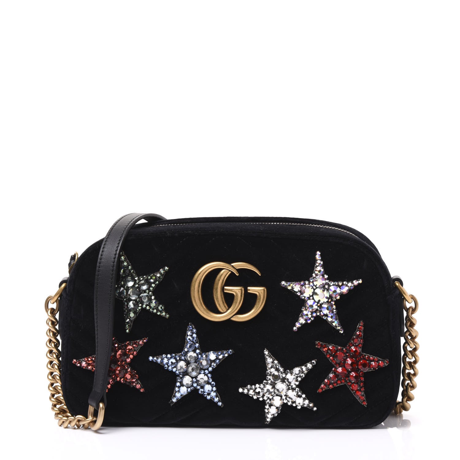 Gucci Velvet Matelasse Crystal Star Embroidered Small GG Marmont Chain Shoulder Bag Black 1 of 9