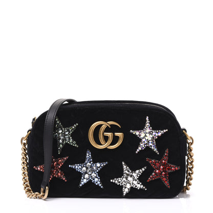 Gucci Velvet Matelasse Crystal Star Embroidered Small GG Marmont Chain Shoulder Bag Black 1 of 9