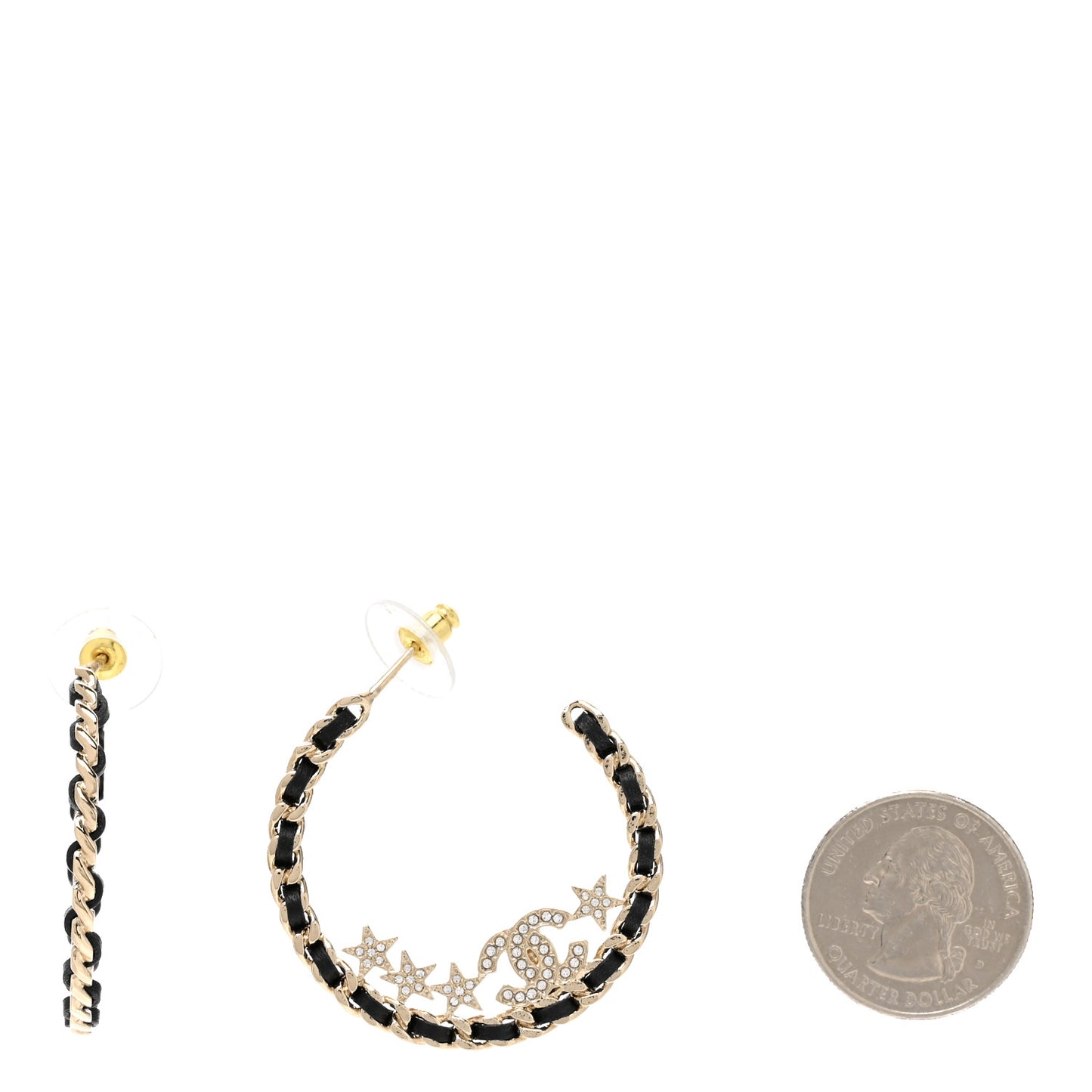 Lambskin Chain Crystal CC Star Chain Hoop Earrings Gold Black