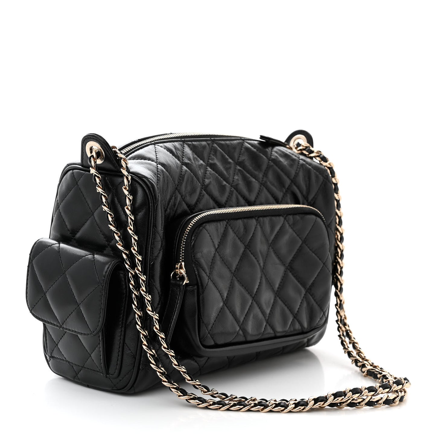 Shiny Crumpled Lambskin Quilted Medium Preppy Pocket Camera Case Black