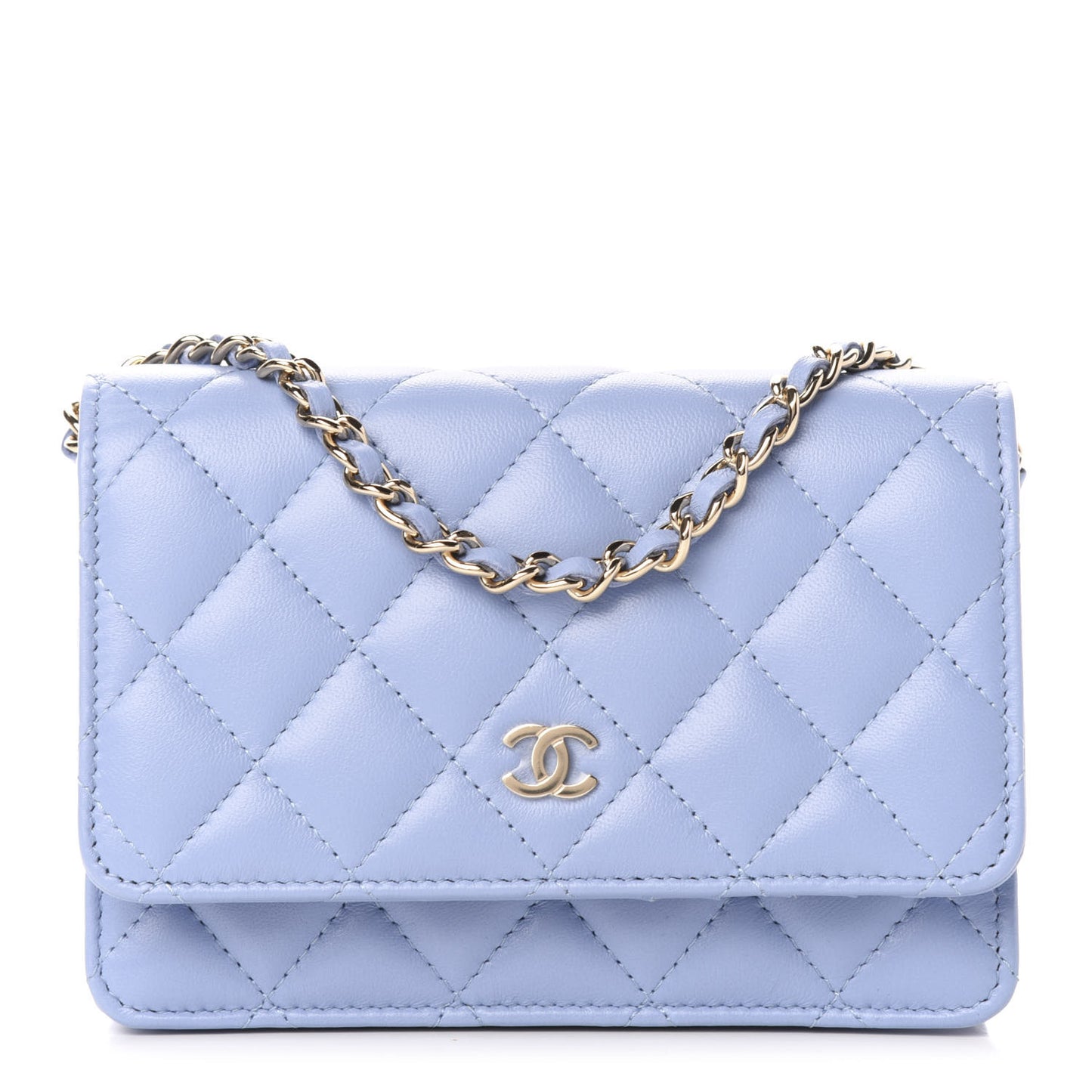Lambskin Quilted Mini Wallet On Chain WOC Light Blue