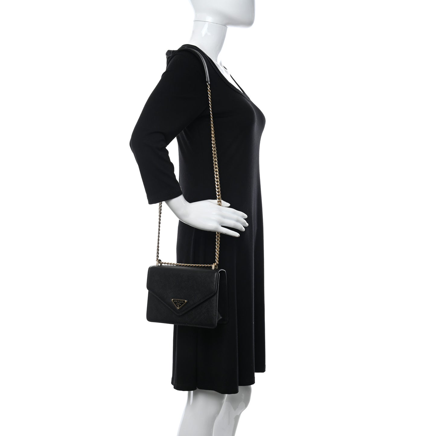 Saffiano Soft Calfskin Metal Triangle Logo Envelope Chain Shoulder Bag Black