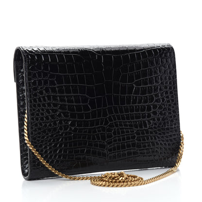 Saint Laurent Calfskin Crocodile Embossed Monogram Cassandra Chain Wallet Black 3 of 10