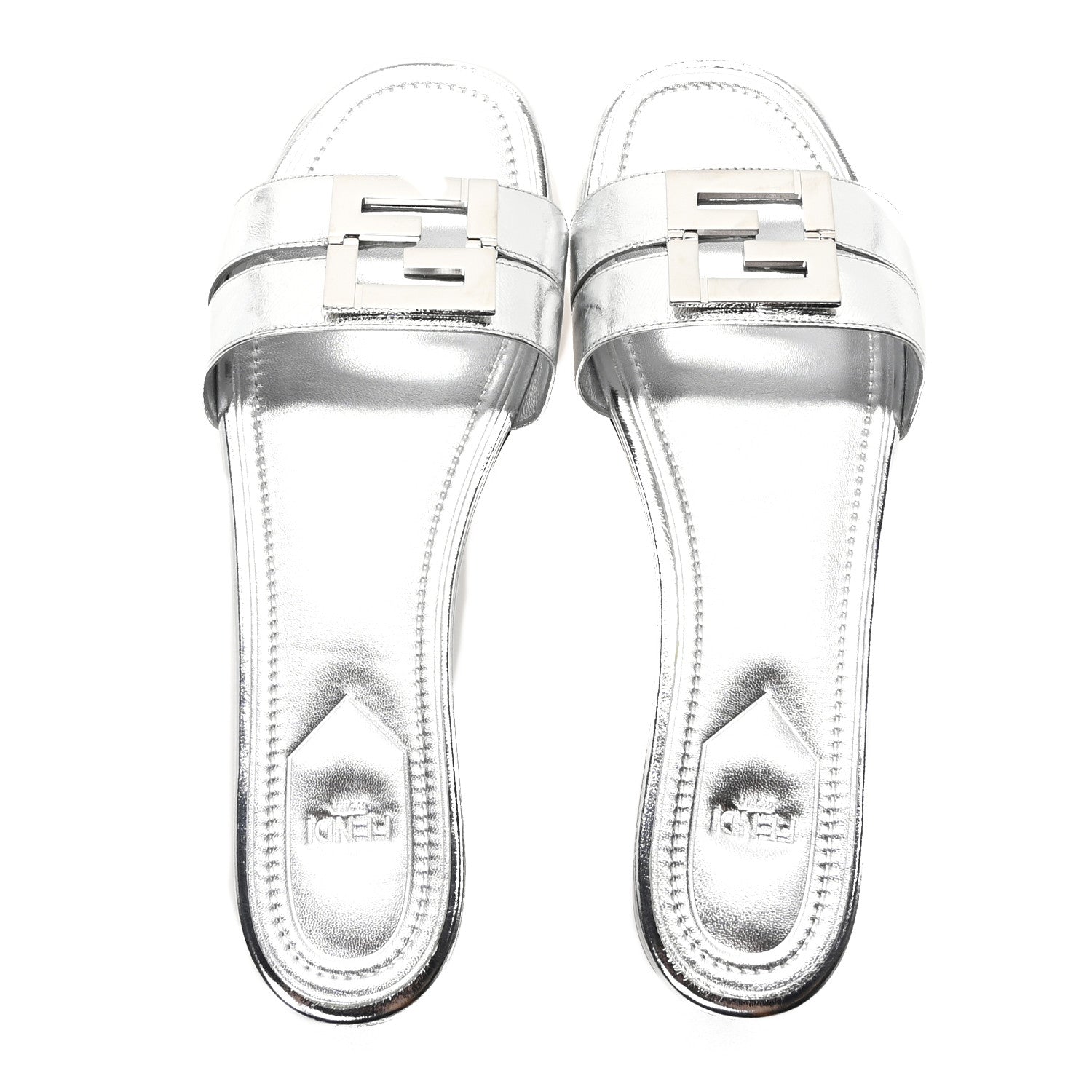 Fendi Nappa Laminata FFold Flat Slide Sandals 40.5 Argento 2 of 9