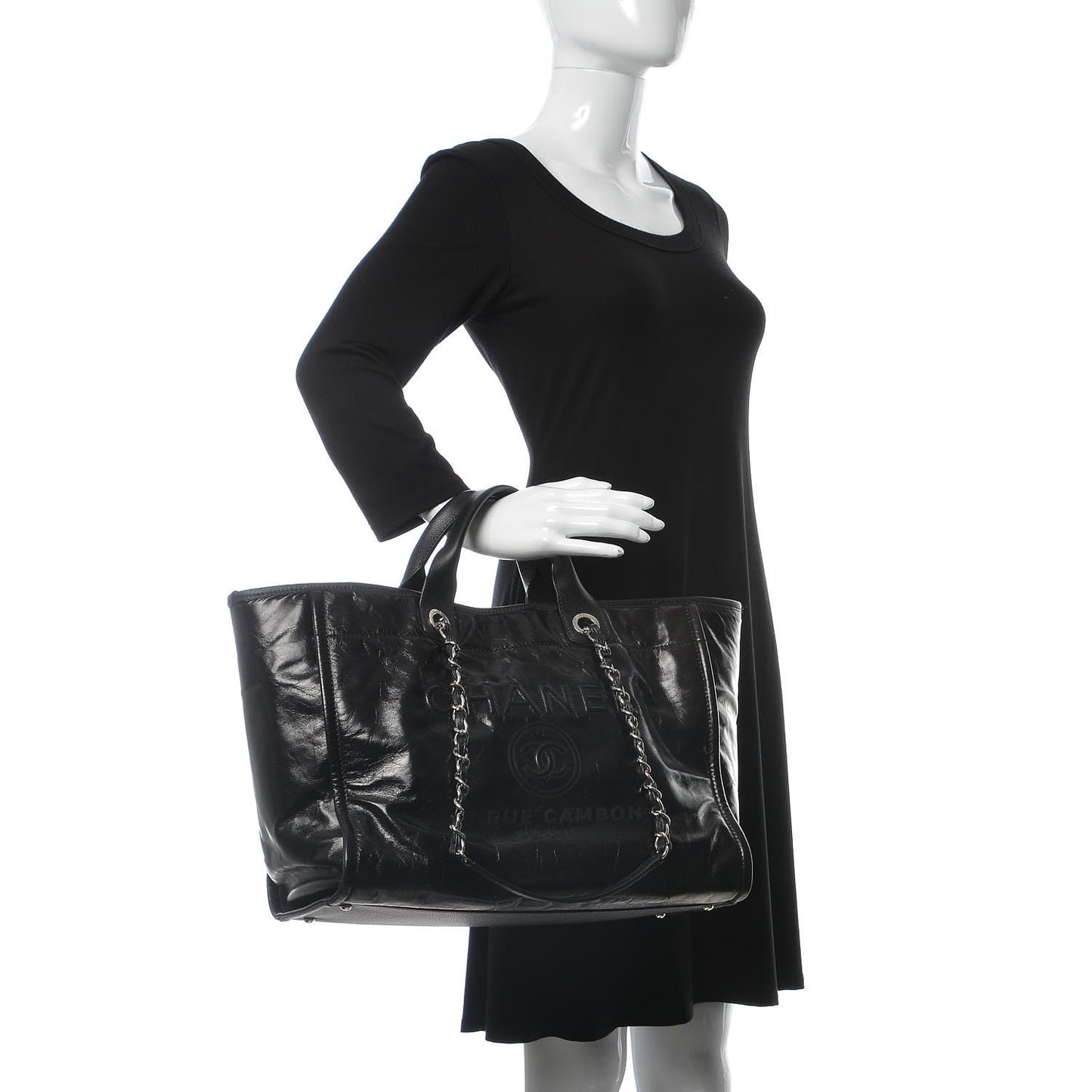 Glazed Calfskin Large Deauville Tote Black