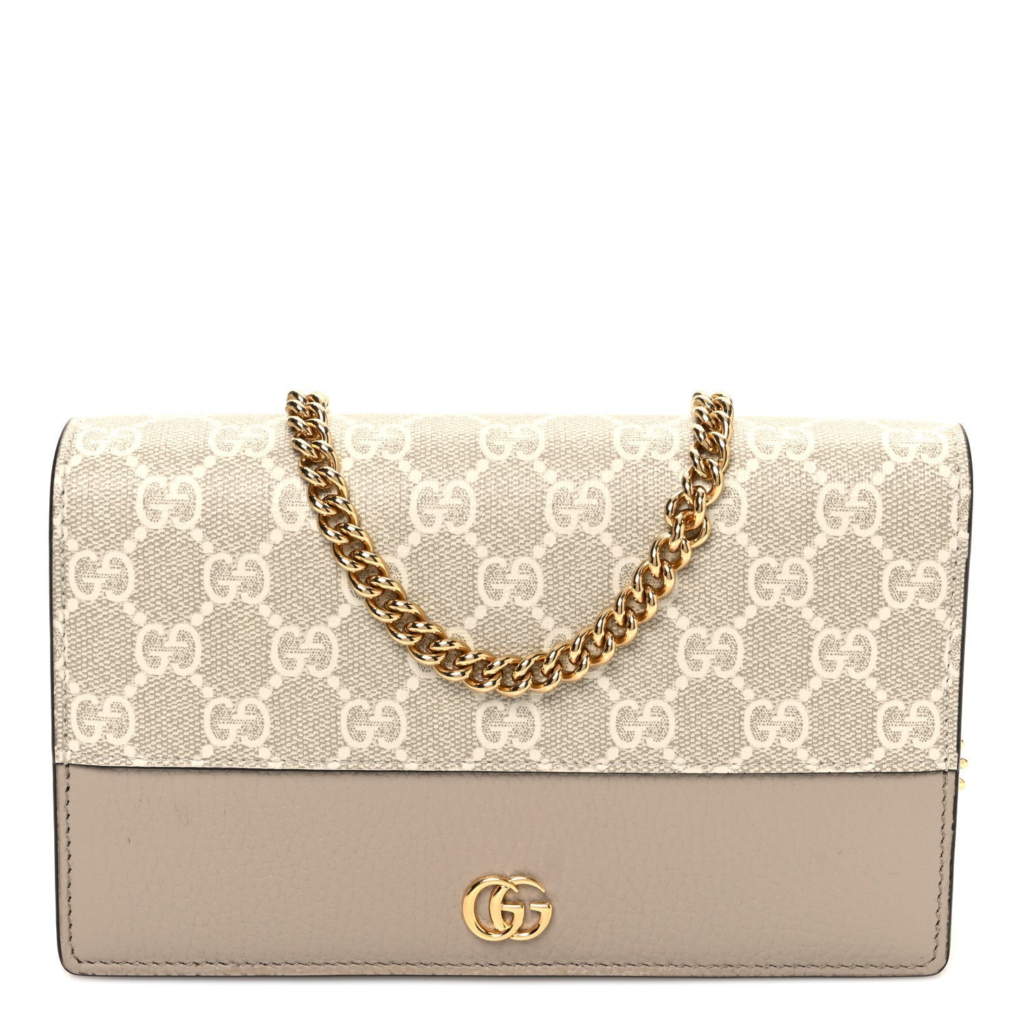 Gucci GG Supreme Monogram Textured Dollar Calfskin Mini GG Marmont Chain Wallet Mystic White Oatmeal 1 of 9