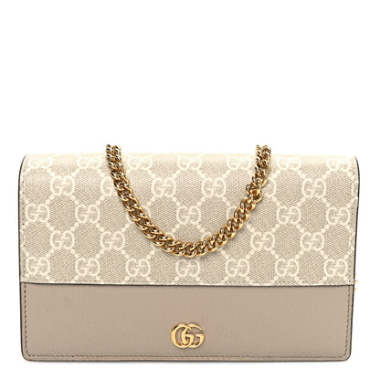 Gucci GG Supreme Monogram Textured Dollar Calfskin Mini GG Marmont Chain Wallet Mystic White Oatmeal 1 of 9