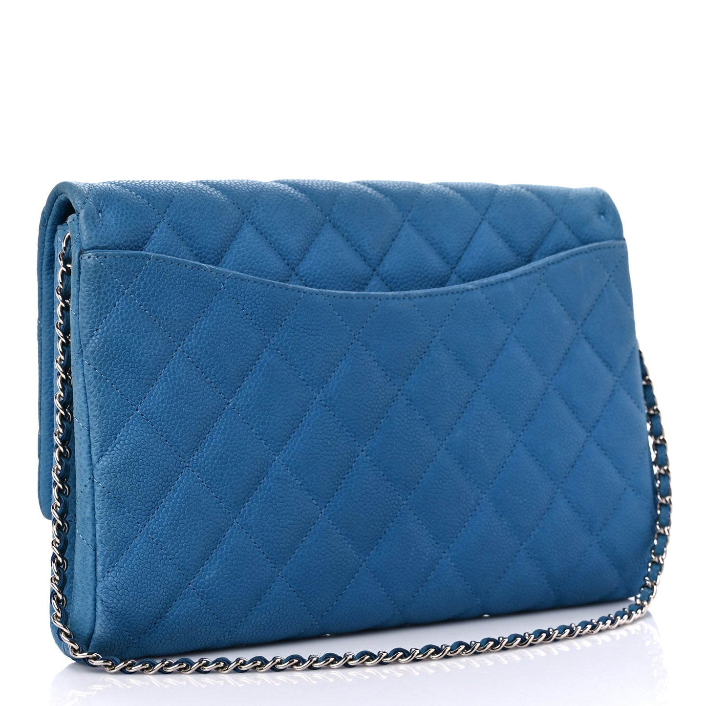Iridescent Caviar Quilted Clutch With Chain Flap Blue