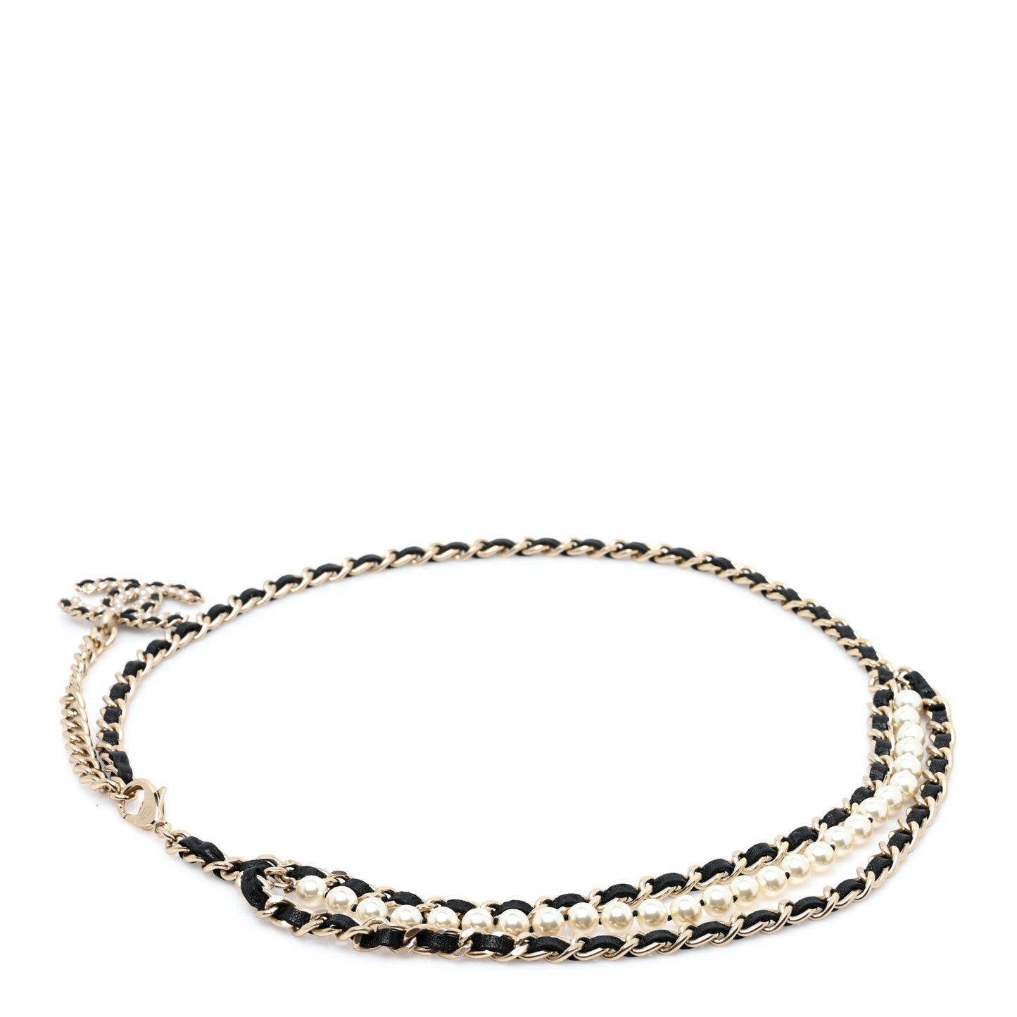 Lambskin Pearl Chain CC Fancy Belt Black Gold