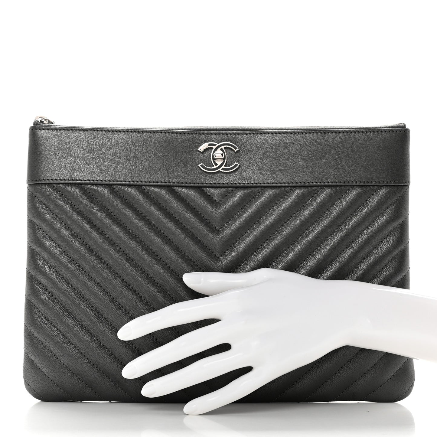 Metallic Sheepskin Chevron Quilted Mademoiselle Vintage Large Zip Pouch Dark Grey