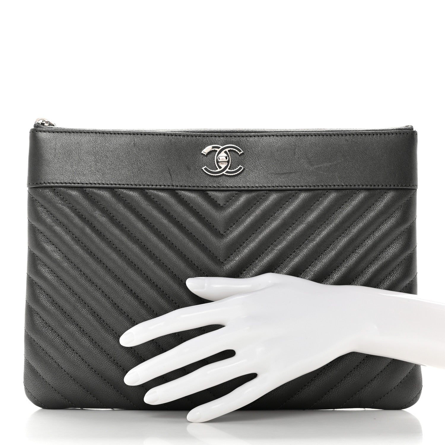 Chanel Metallic Sheepskin Chevron Quilted Mademoiselle Vintage Large Zip Pouch Dark Grey 2 of 10