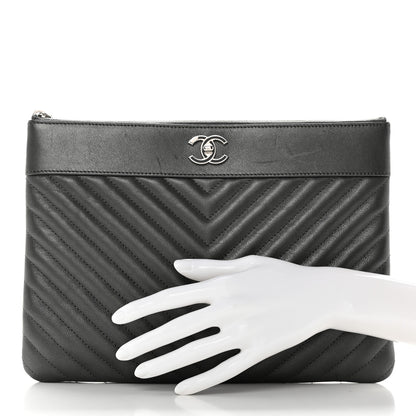 Chanel Metallic Sheepskin Chevron Quilted Mademoiselle Vintage Large Zip Pouch Dark Grey 2 of 10
