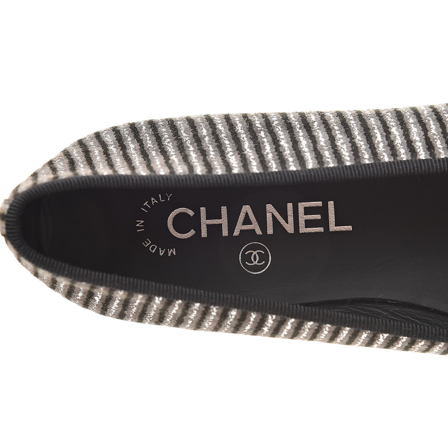 Chanel Velvet Caviar Striped CC Cap Toe Ballerina Flats 39 Grey Black 7 of 7