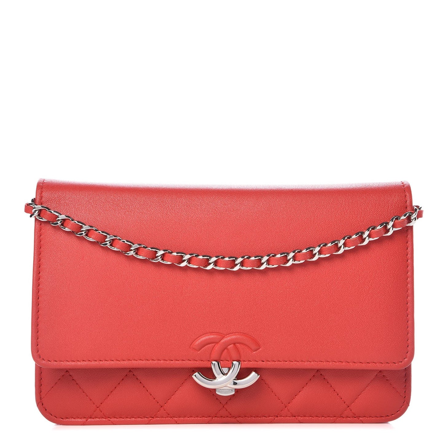 Grained Calfskin Quilted CC Box Wallet On Chain WOC Red