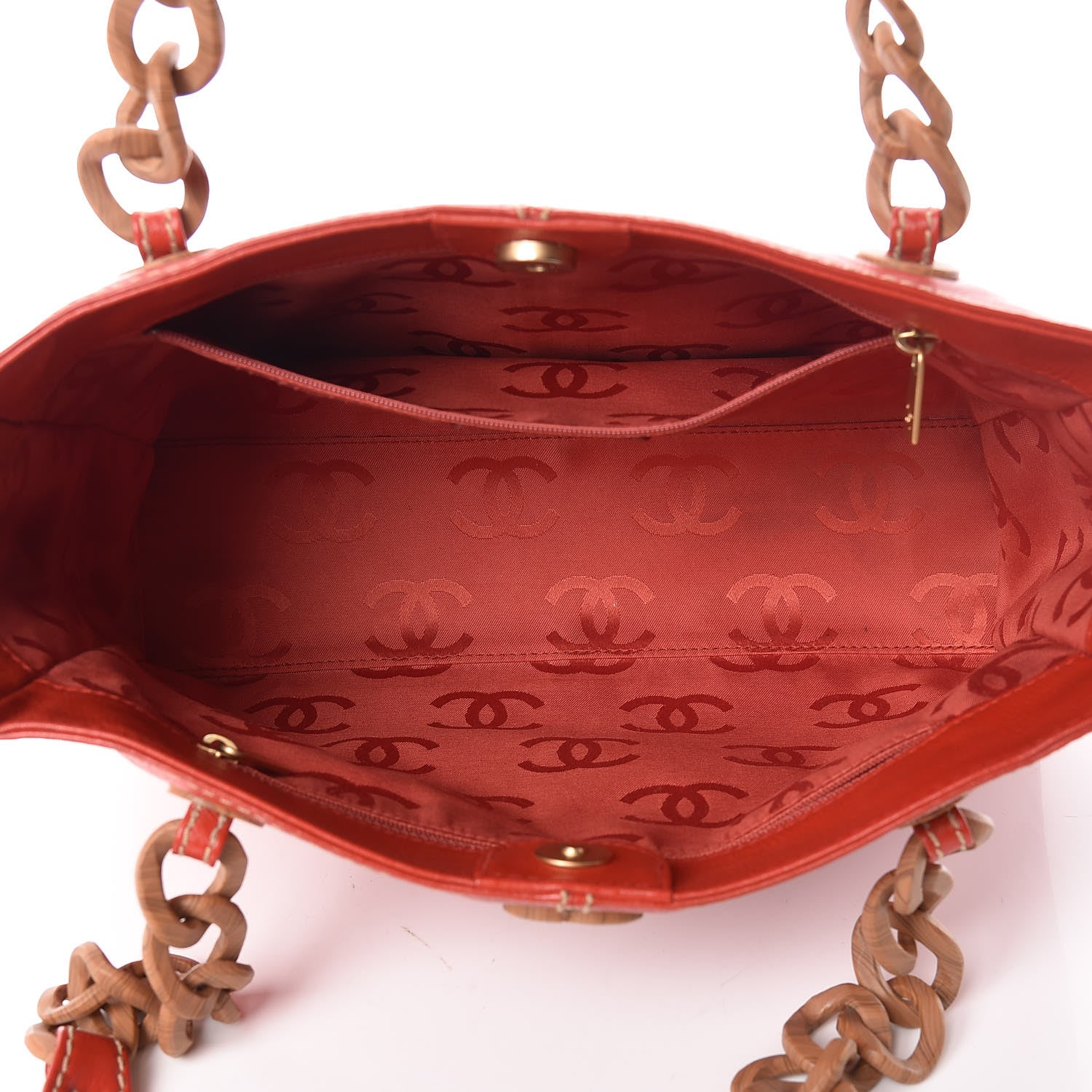 Chanel Calfskin Wood Chain Tote Red 5 of 10