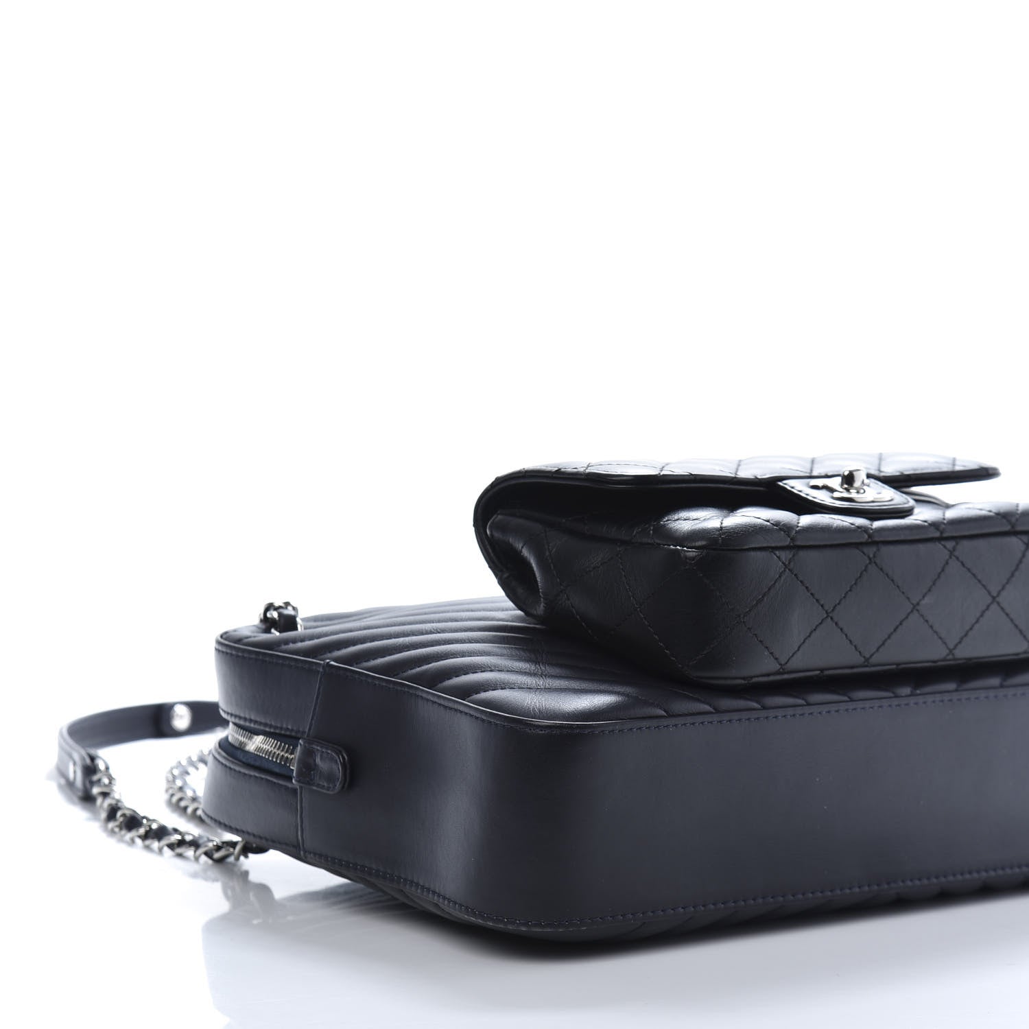 Chanel Calfskin Chevron Quilted Double Camera Bag With Flap Black 7 of 13