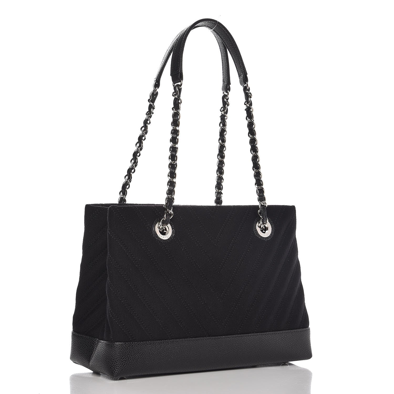 Chanel Canvas Caviar Chevron Shopper Tote Black 3 of 9