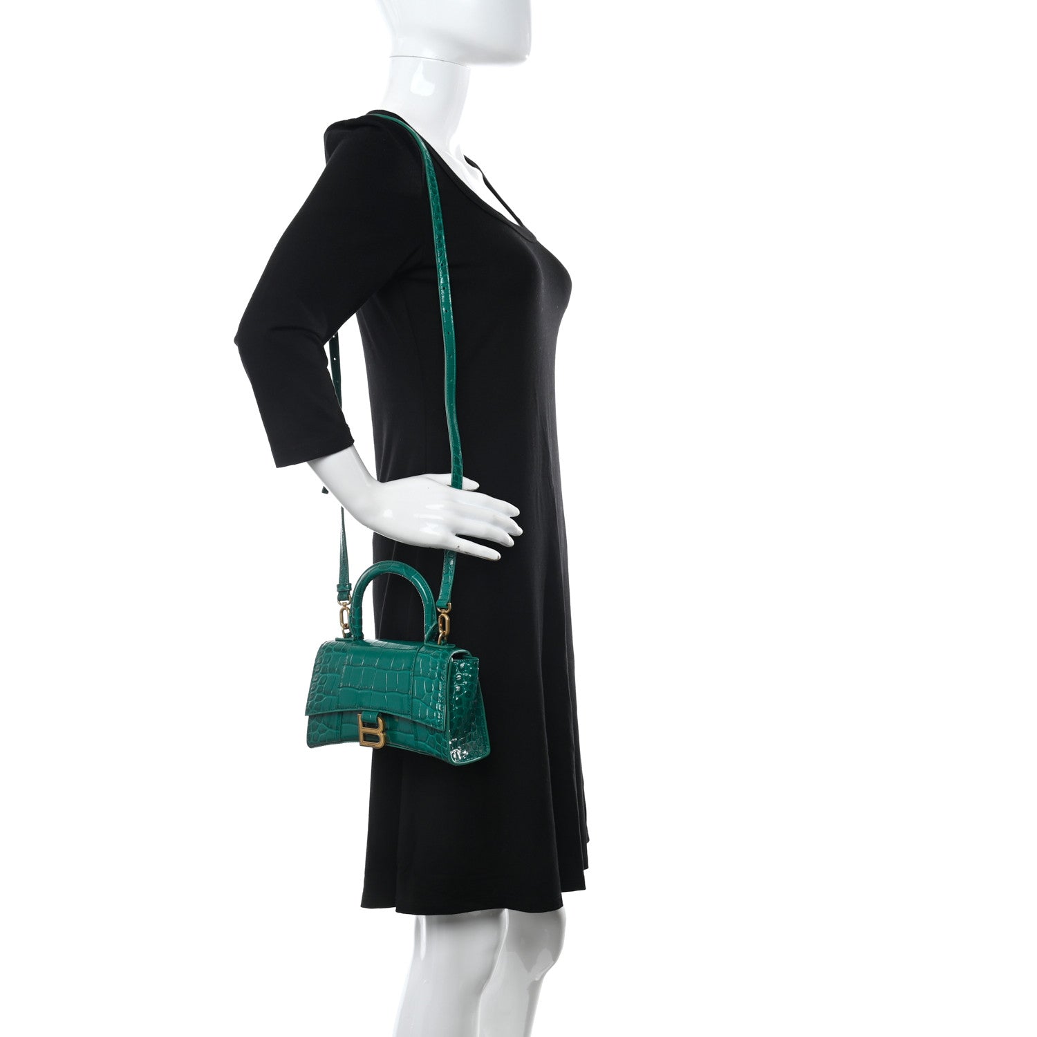 Balenciaga Shiny Calfskin Crocodile Embossed Hourglass Top Handle Bag XS Jade 2 of 11