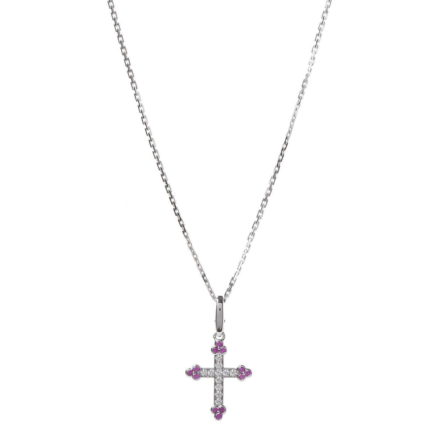 18K White Gold Diamond Pink Sapphire Cross Pendant Necklace