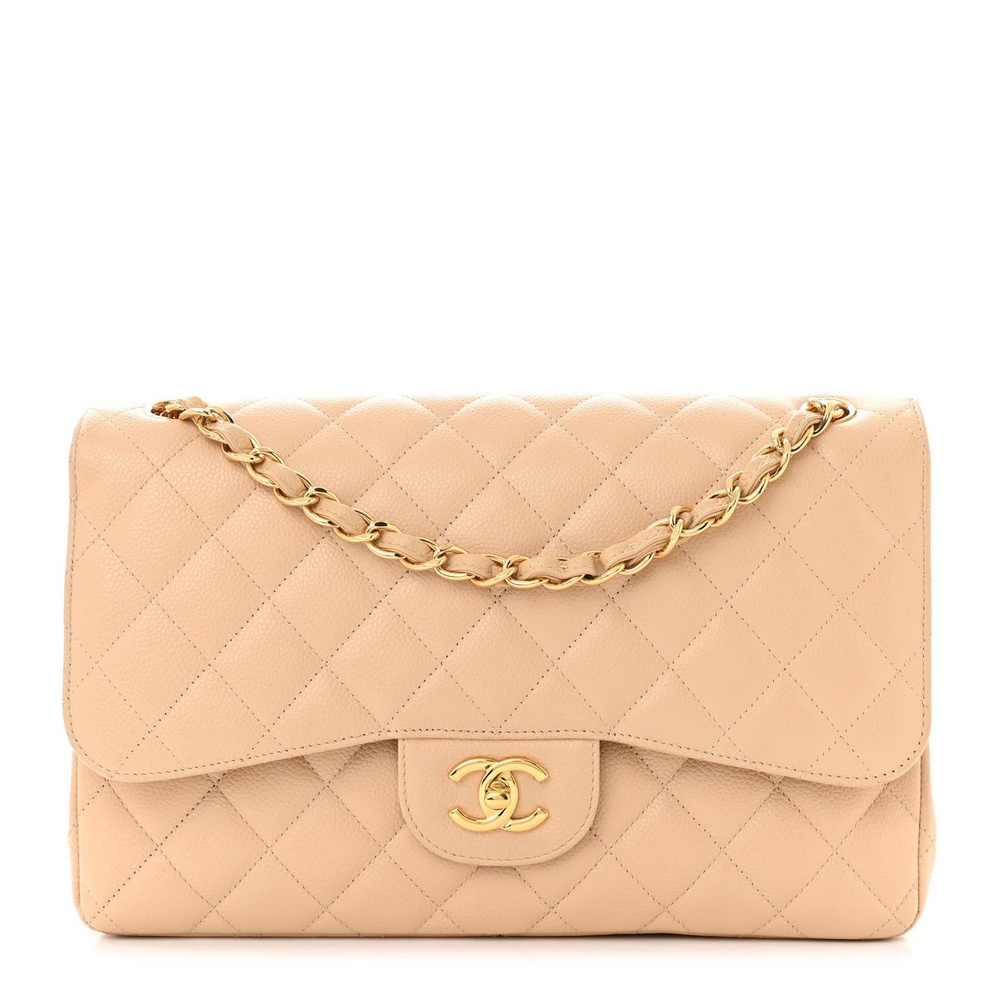 Caviar Quilted Jumbo Double Flap Beige