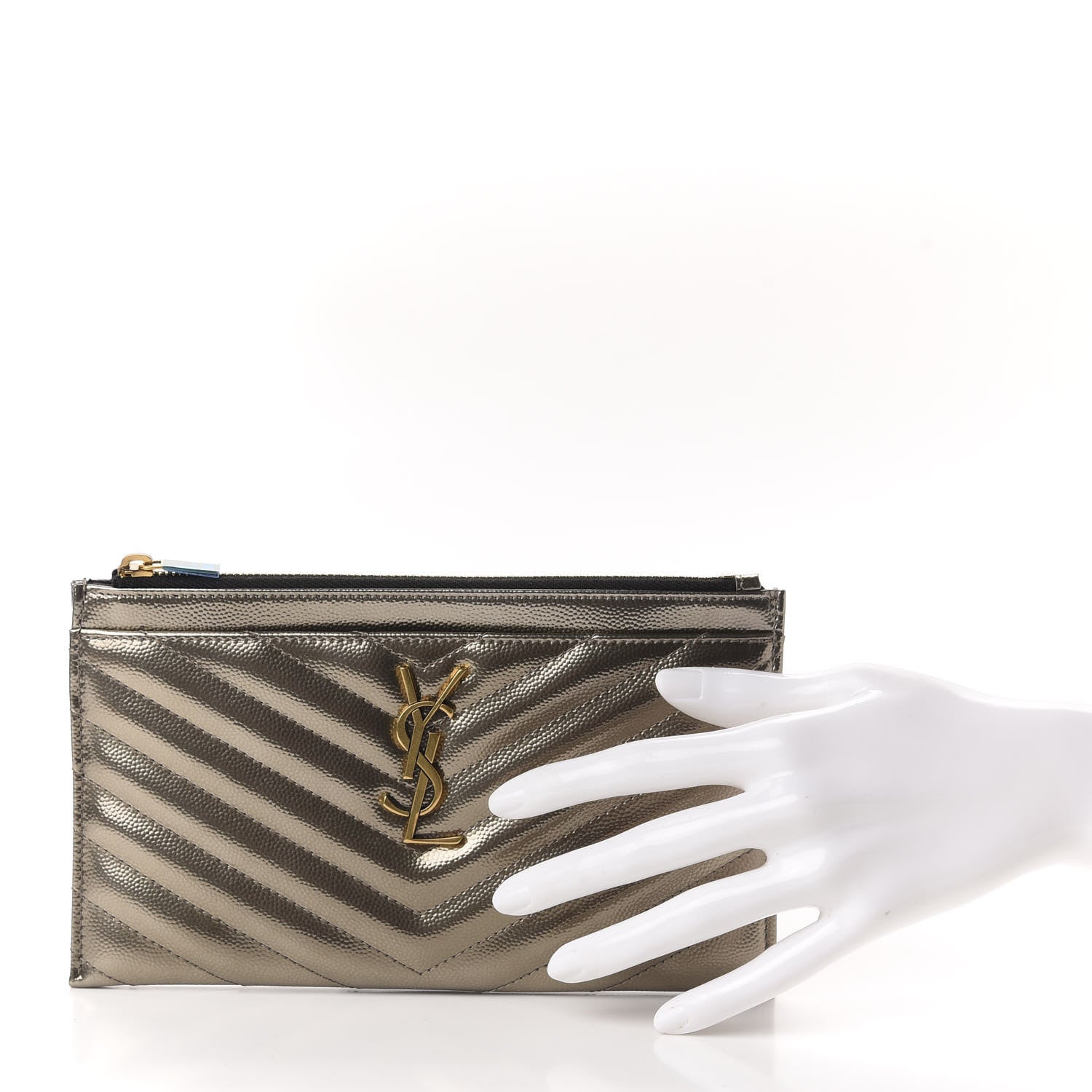Saint Laurent Metallic Grain De Poudre Matelasse Chevron Monogram Bill Pouch Piombo 2 of 8
