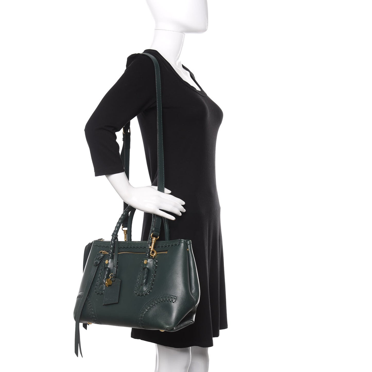 Calfskin Whipstitch Folk Tote Bag Dark Green Bottle