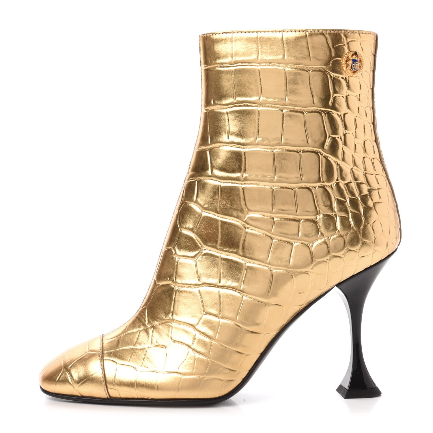 Chanel Calfskin Crocodile Embossed Cap Toe Ankle Boots 36 Gold 1 of 8