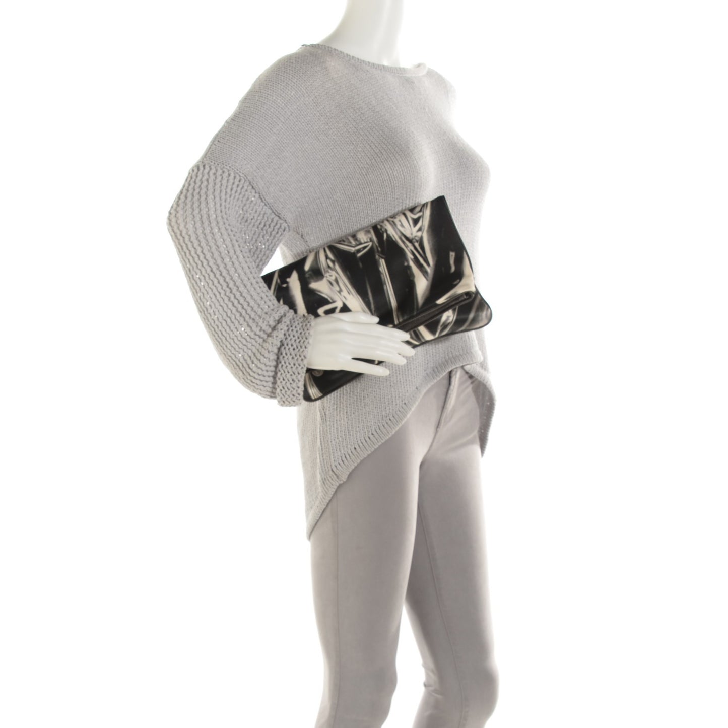Satin Foil Print Fold Over Falabella Clutch Black