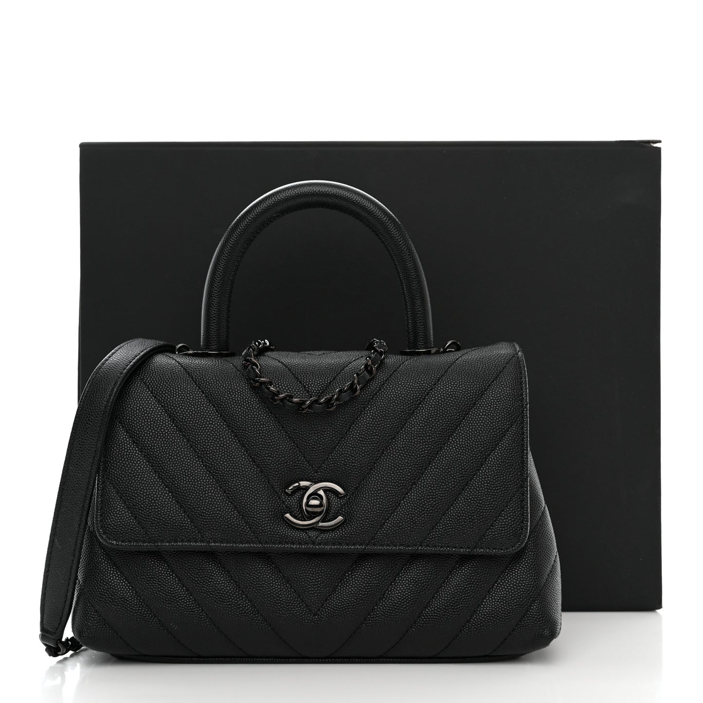 Caviar Chevron Quilted Mini Coco Handle Flap So Black