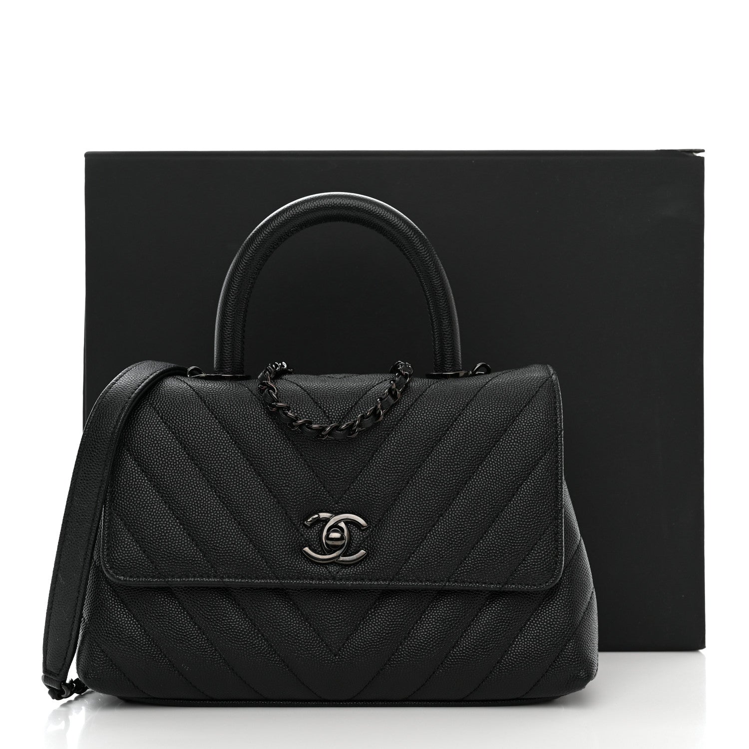 Chanel Caviar Chevron Quilted Mini Coco Handle Flap So Black 11 of 11
