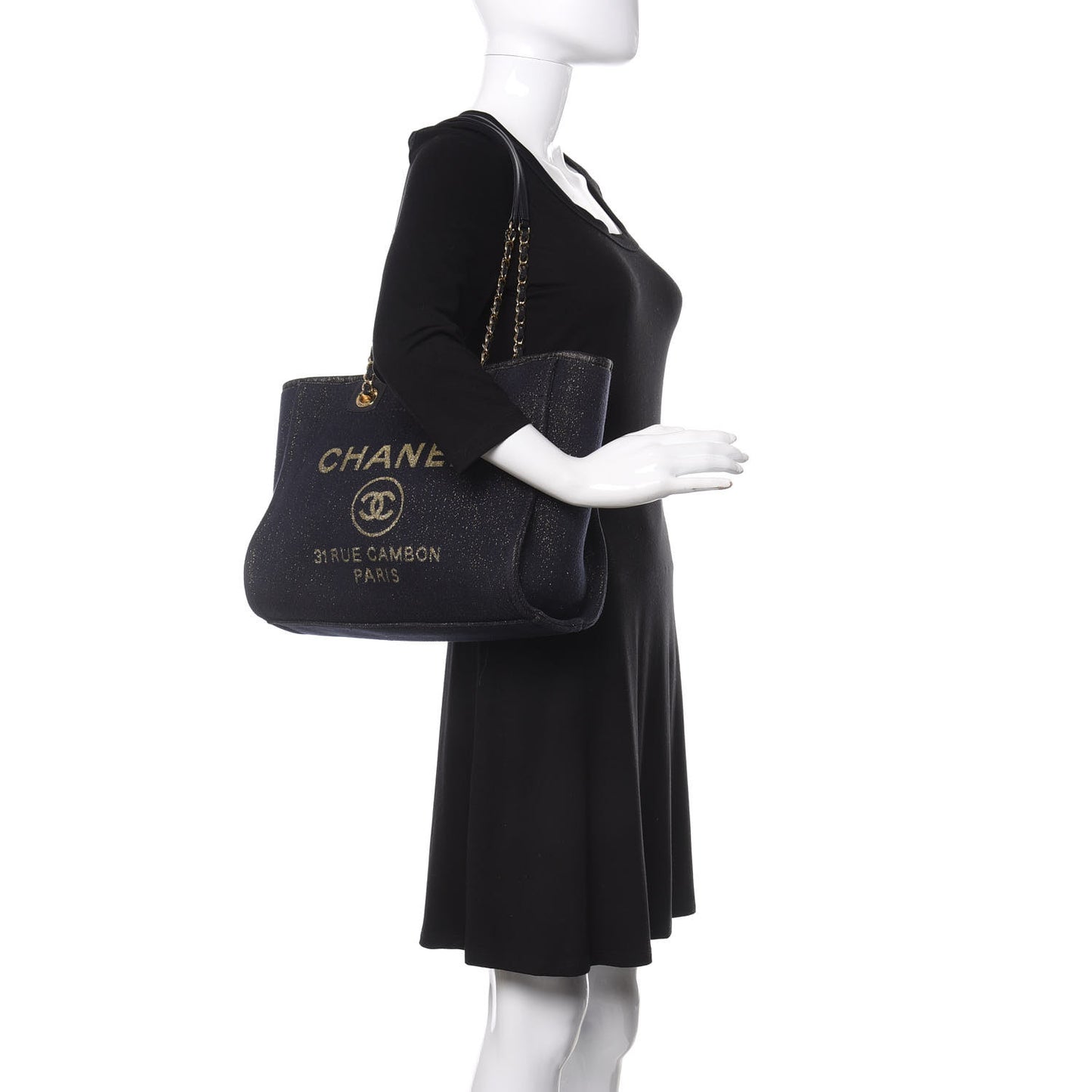 Lurex Canvas Small Deauville Tote Navy Blue Gold