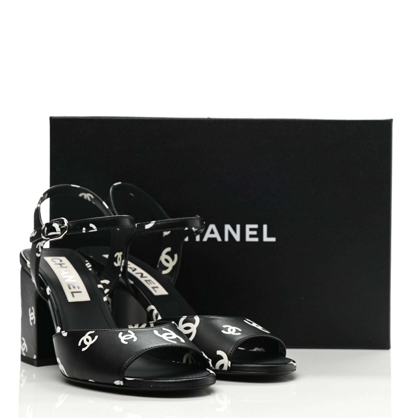 Printed Lambskin CC Sandals 38 Black White