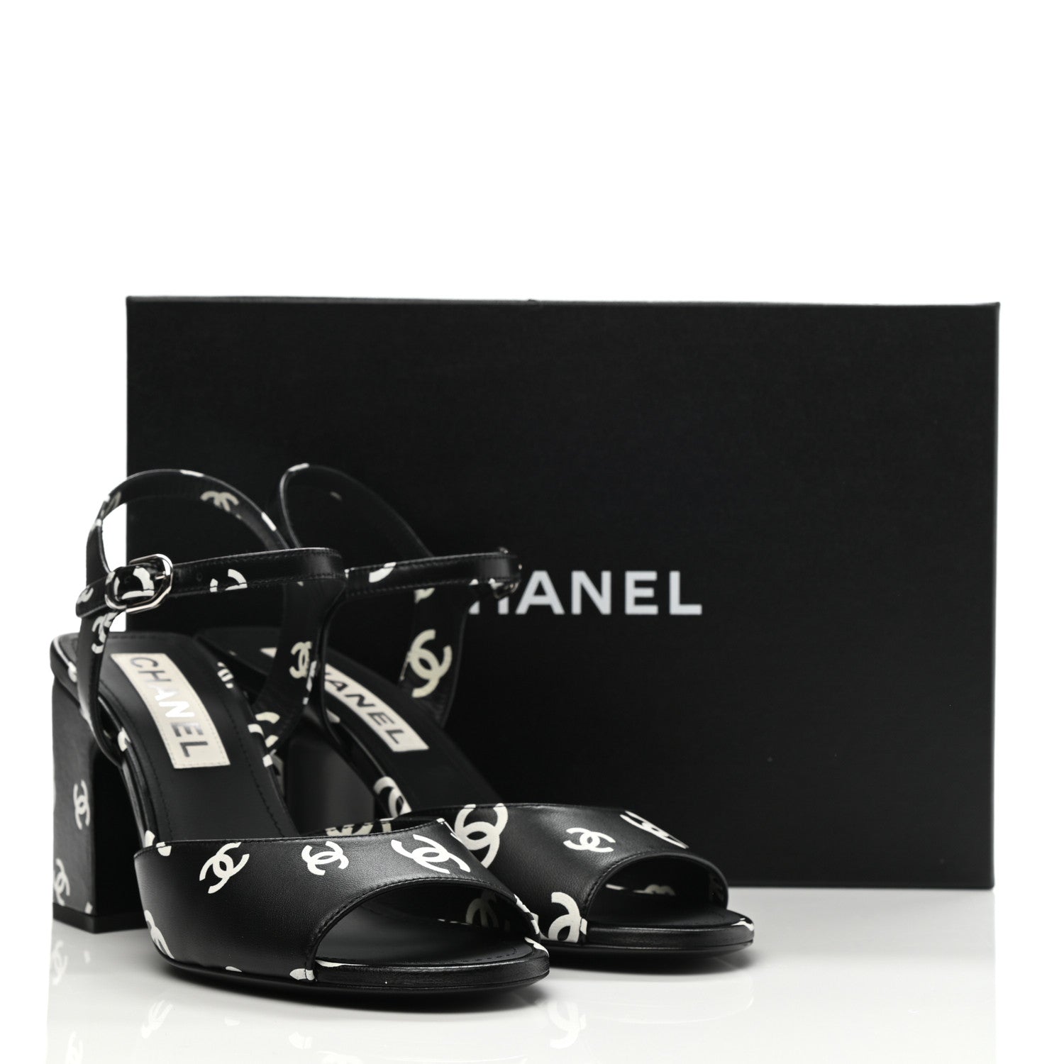 Chanel Printed Lambskin CC Sandals 38 Black White 9 of 9