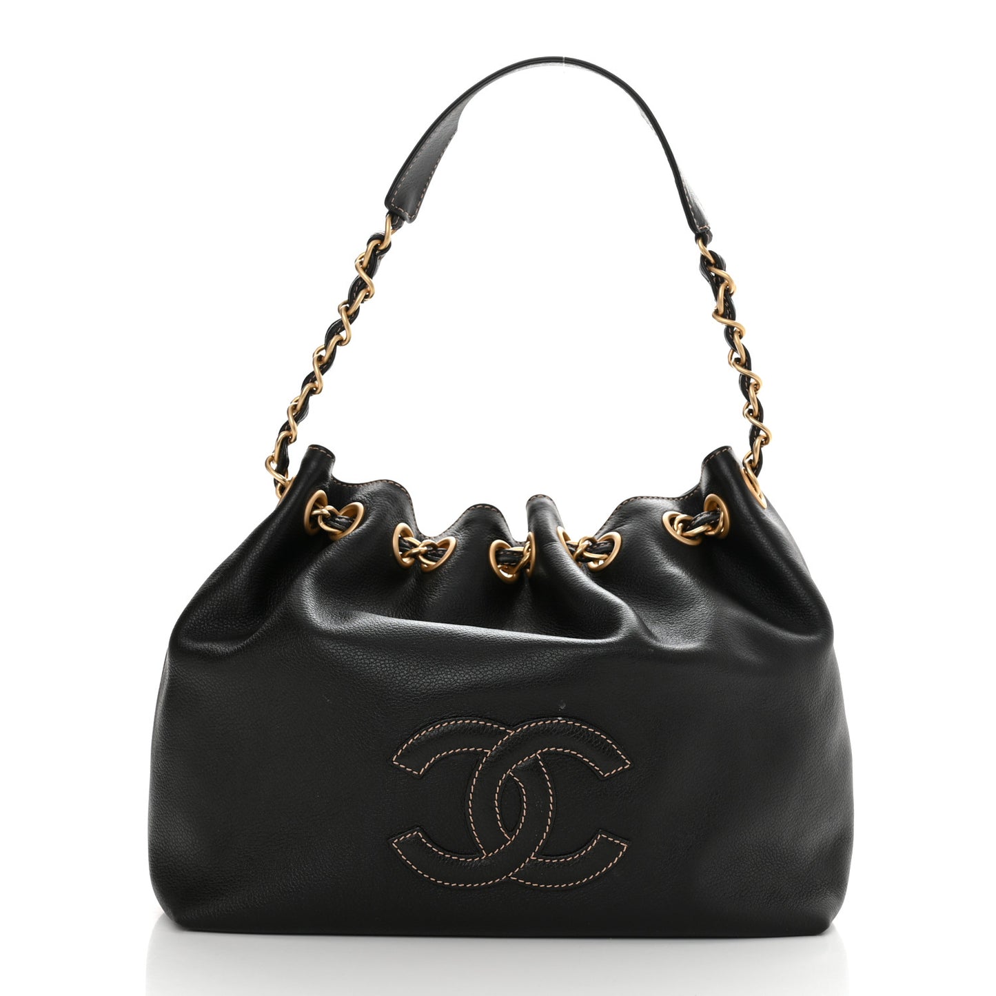 Grained Calfskin CC Drawstring Bucket Bag Black