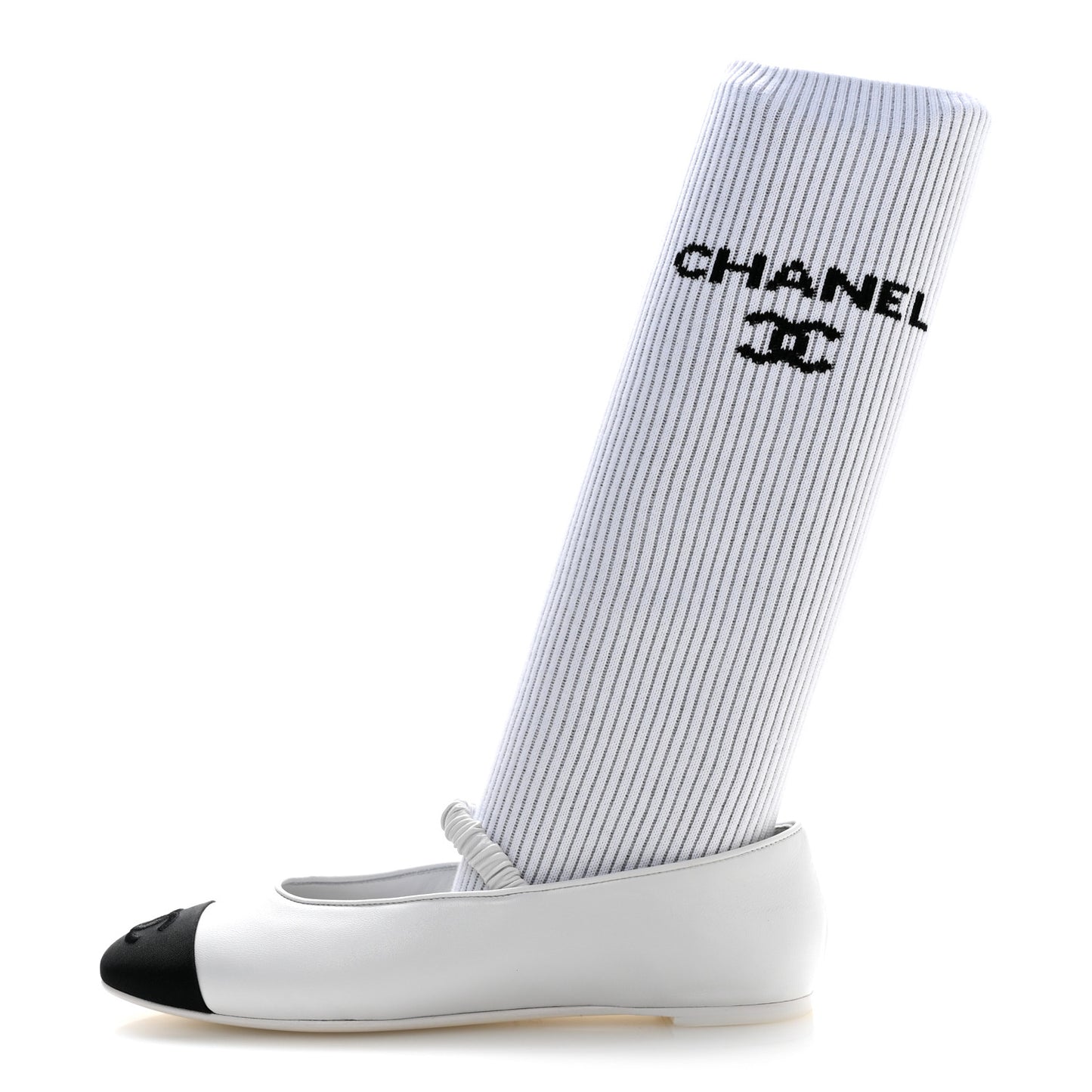 Lambskin Knit Grosgrain Cap Toe CC Ballerina Flats With Leg Warmers 38.5 White Black