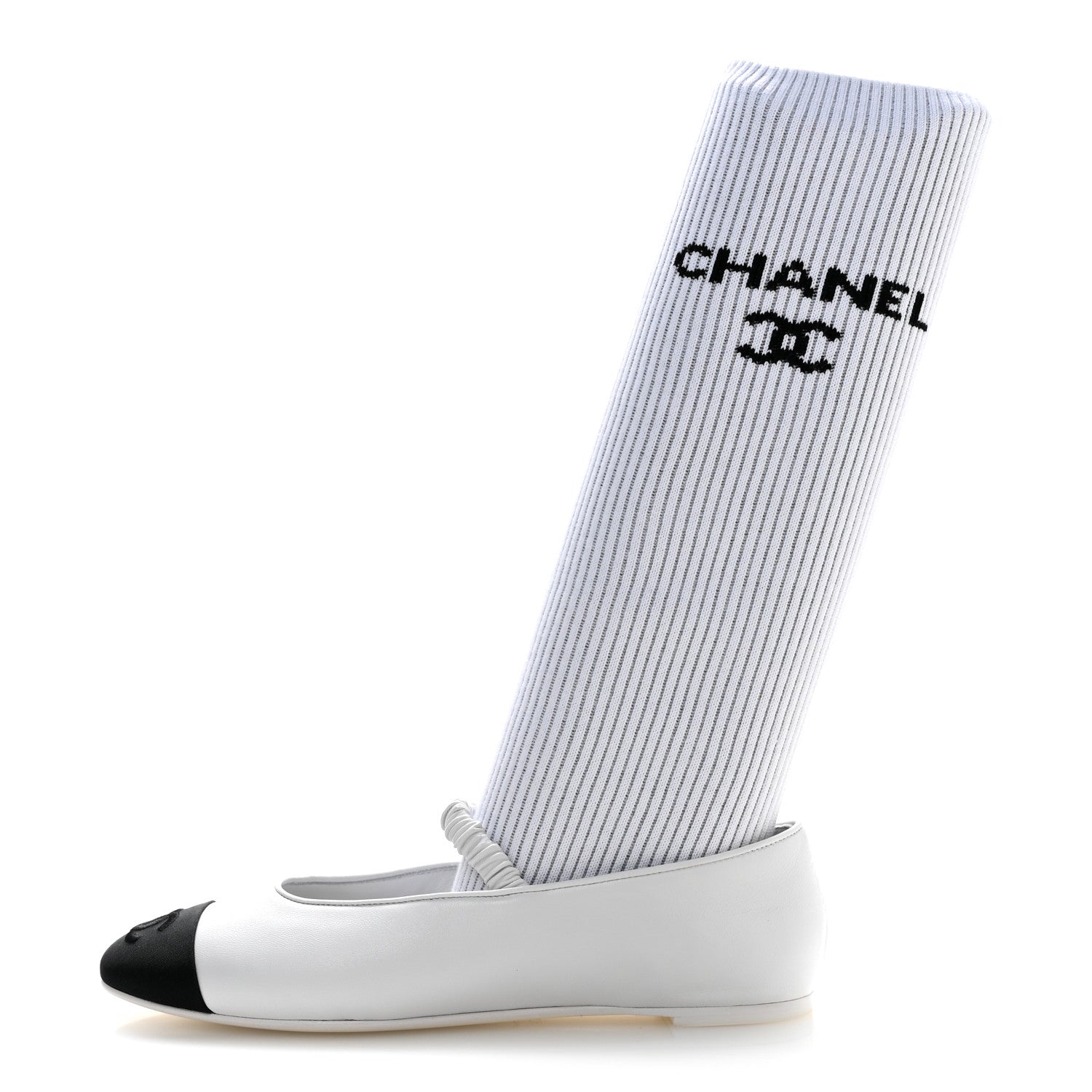 Chanel Lambskin Knit Grosgrain Cap Toe CC Ballerina Flats With Leg Warmers 38.5 White Black 1 of 11