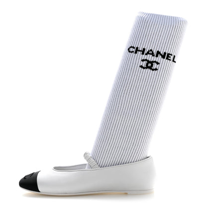 Chanel Lambskin Knit Grosgrain Cap Toe CC Ballerina Flats With Leg Warmers 38.5 White Black 1 of 11