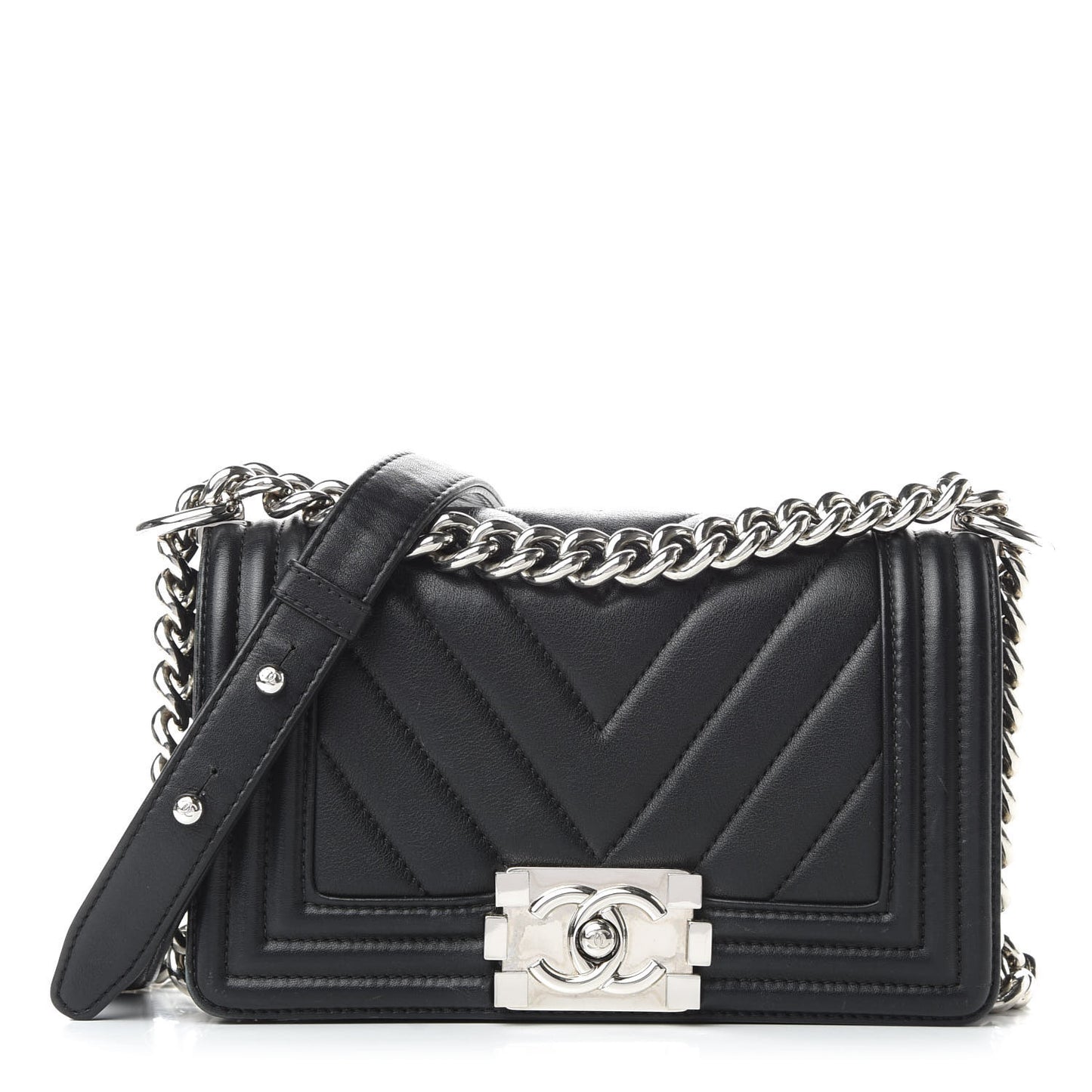 Calfskin Chevron Quilted Small Boy Flap Black
