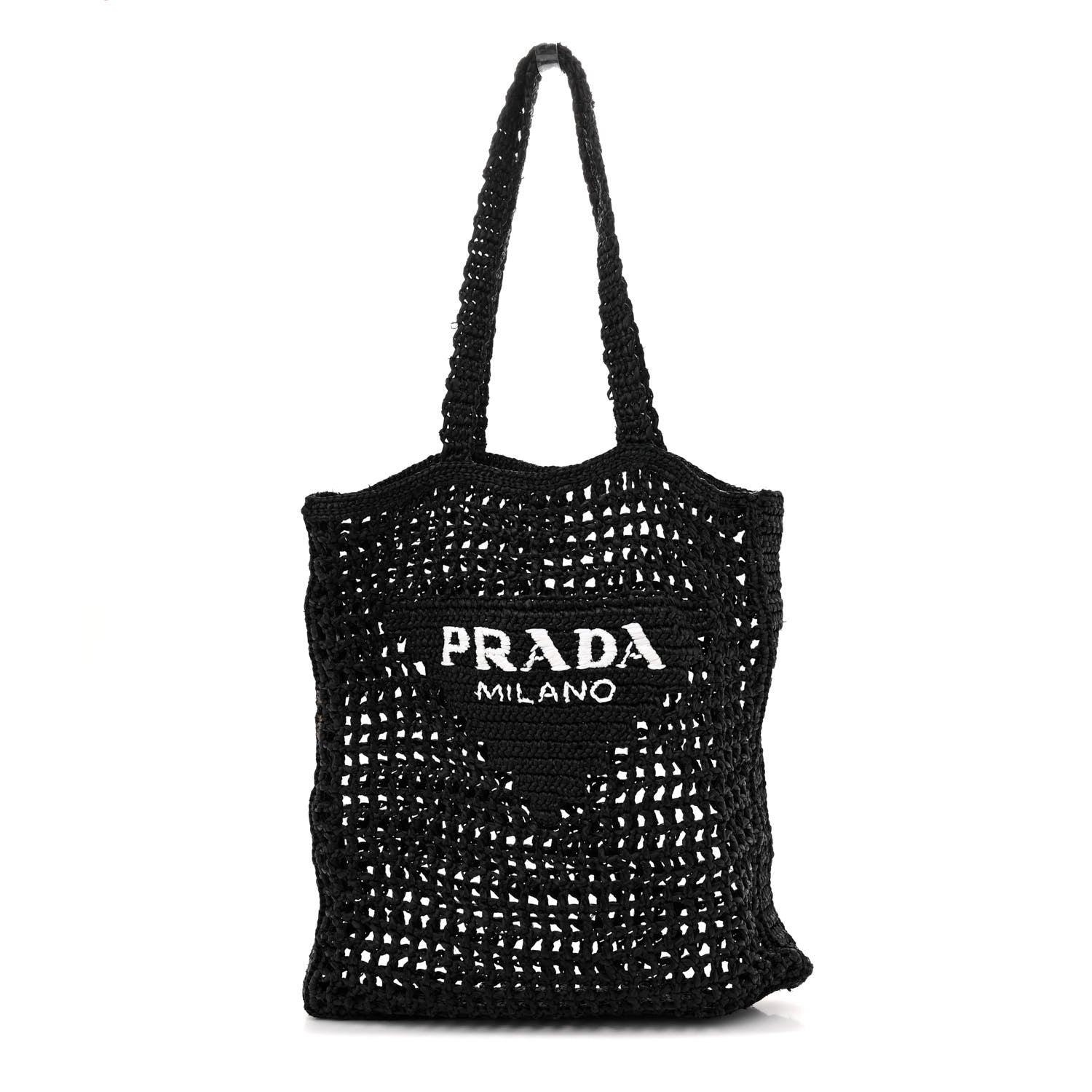 Prada Yarn Raffia Effect Crochet Logo Embroidered Tote Bag Black 1 of 9