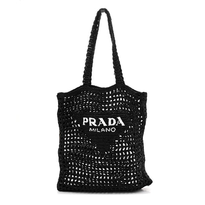 Prada Yarn Raffia Effect Crochet Logo Embroidered Tote Bag Black 1 of 9