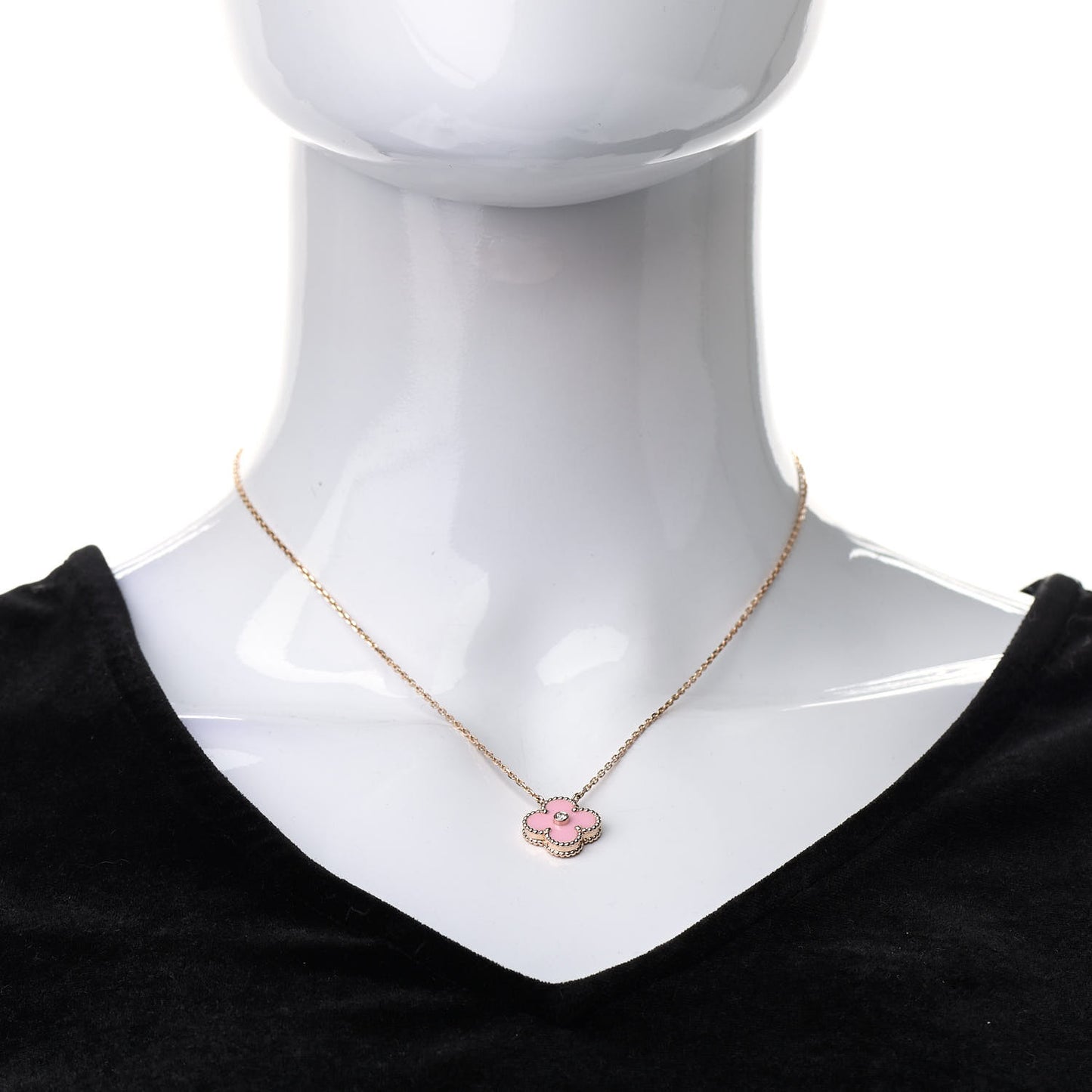 18K Rose Gold Diamond Pink Porcelain Vintage Alhambra Pendant Necklace