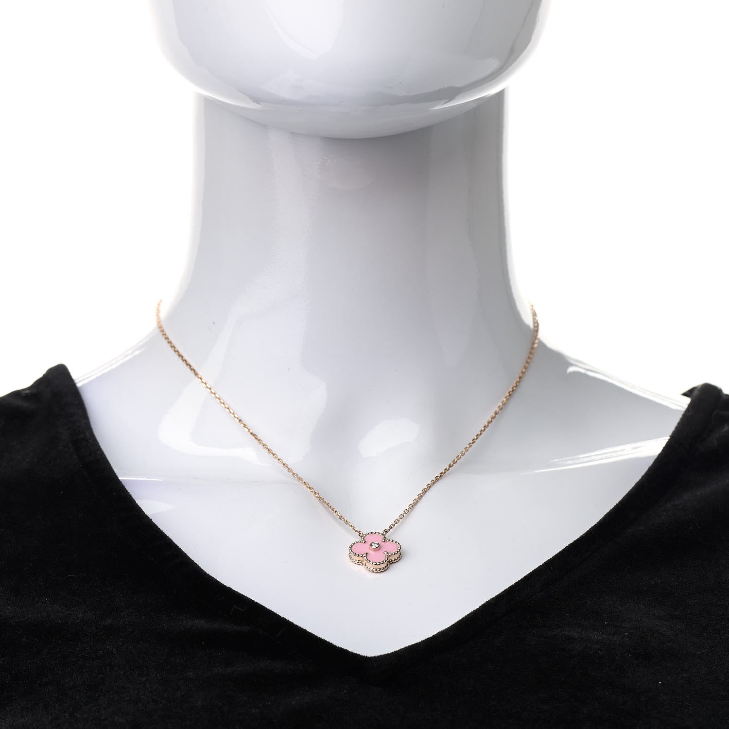 Van Cleef & Arpels 18K Rose Gold Diamond Pink Porcelain Vintage Alhambra Pendant Necklace 2 of 7
