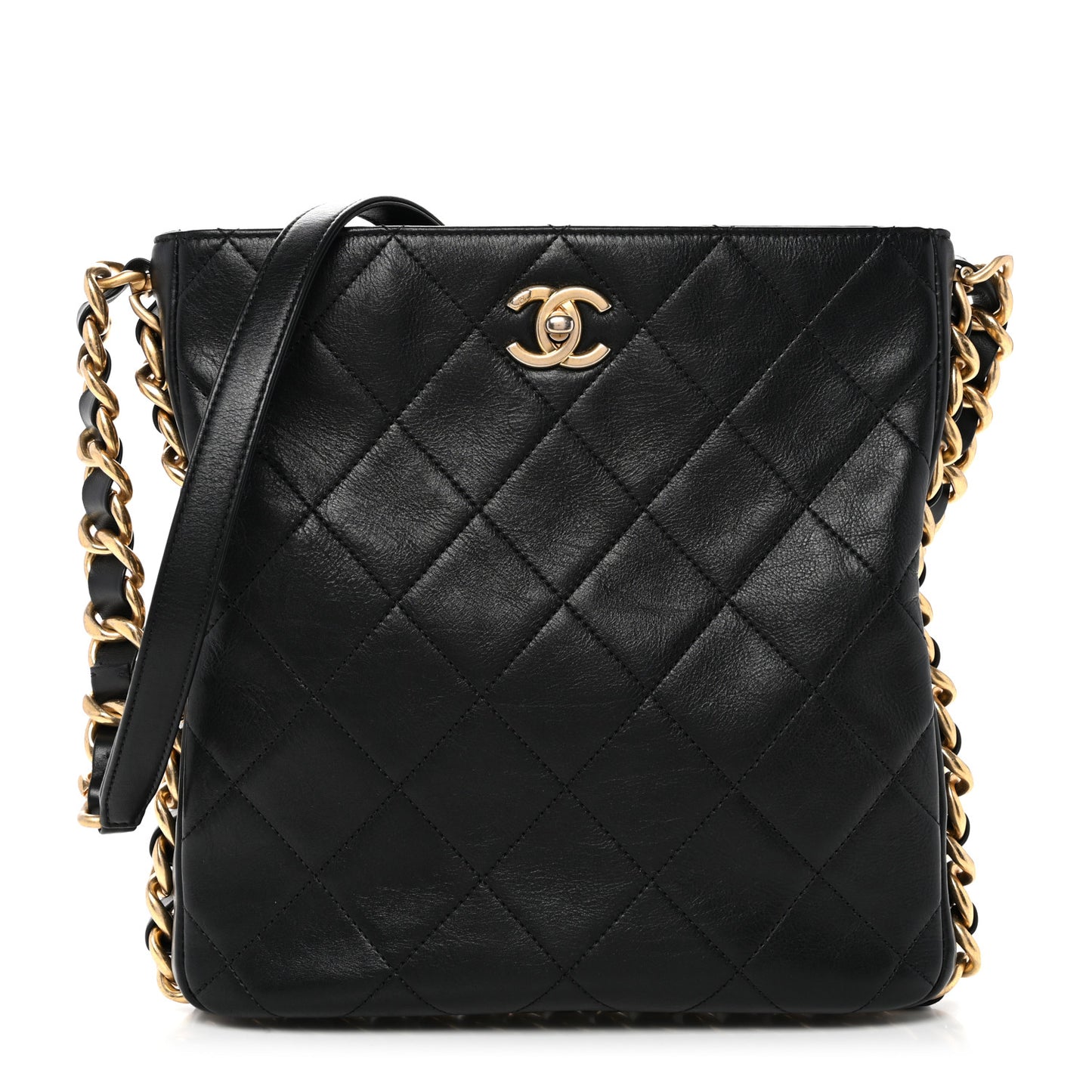 Calfskin Quilted Framing Chain Hobo Black