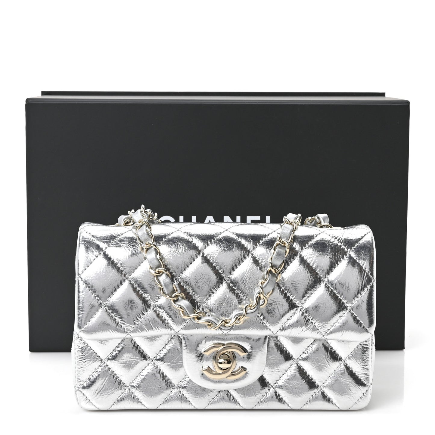 Hammered Metallic Calfskin Quilted Small Double Flap Silver