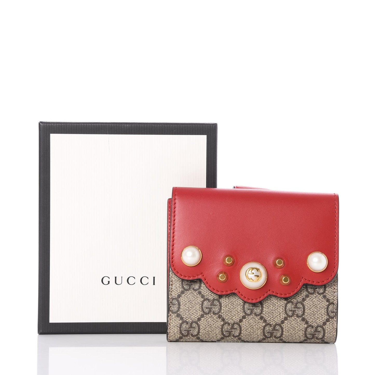 GG Supreme Monogram Pearl Studded French Wallet Beige Hibiscus Red