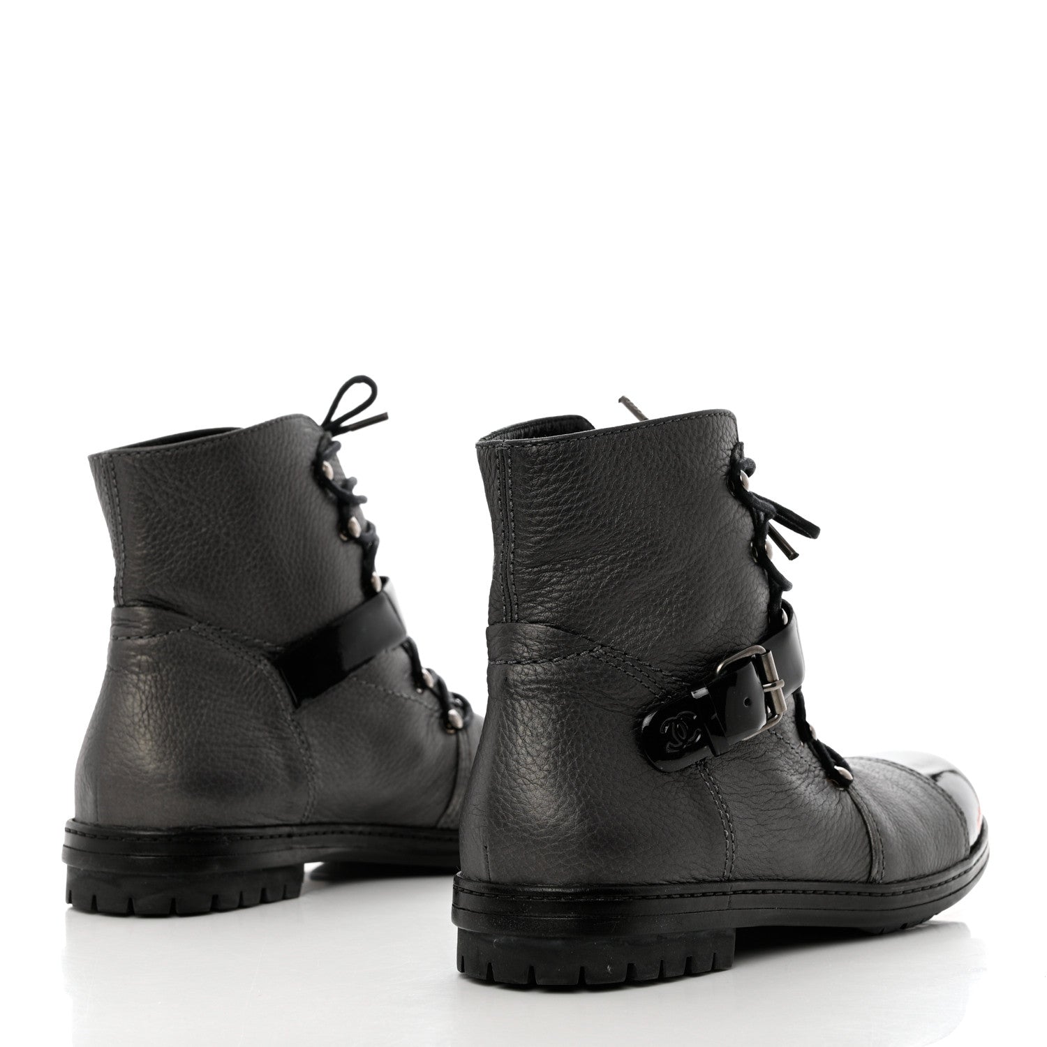 Chanel Metallic Grained Calfskin Patent Cap Toe Combat Short Boots 38.5 Dark Silver 4 of 12