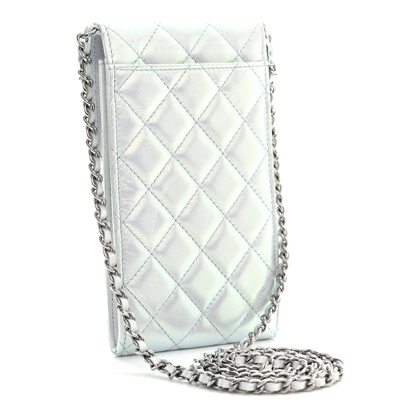 Iridescent Lambskin Quilted CC Phone Holder Blue