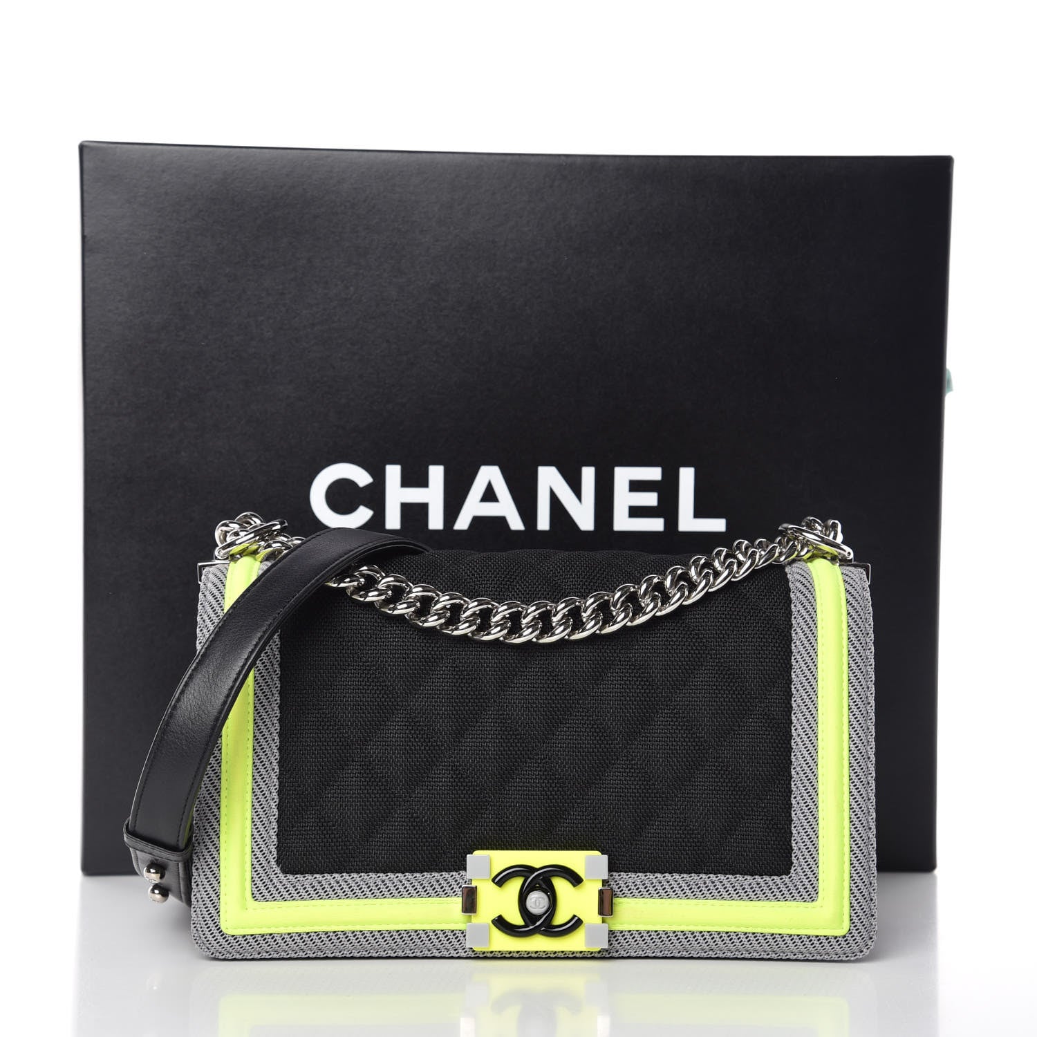 Chanel Canvas Quilted Medium Fluo Boy Flap Black Grey Yellow 12 of 12